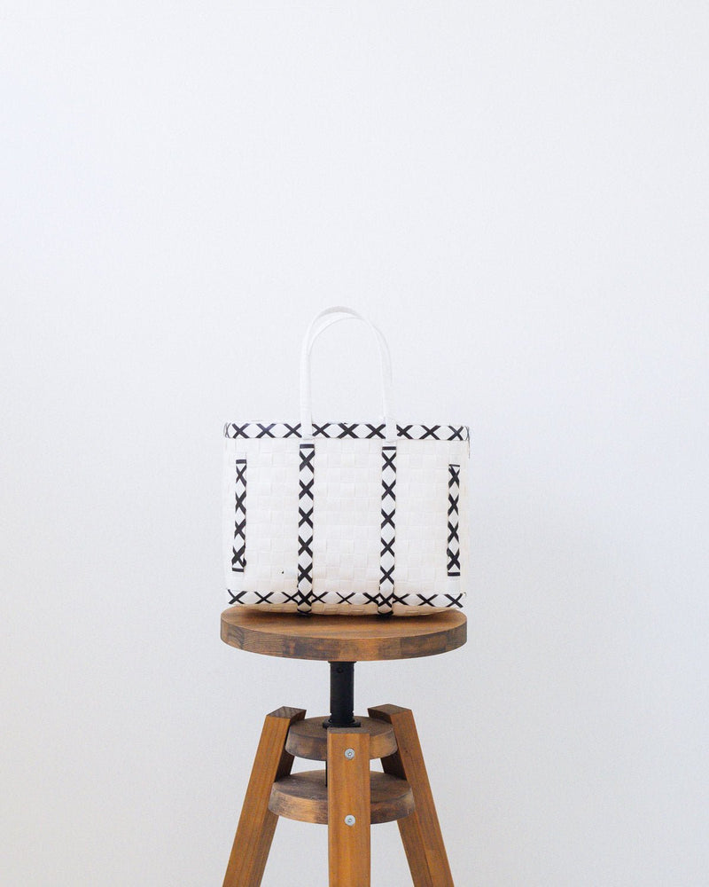 White Criss-Cross Woven Upcycled Basket | Shopper Bag | Beach Basket - YGN Collective