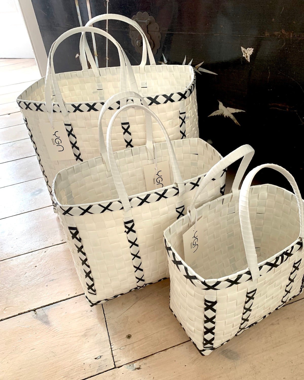 White Criss-Cross Woven Upcycled Basket | Shopper Bag | Beach Basket - YGN Collective
