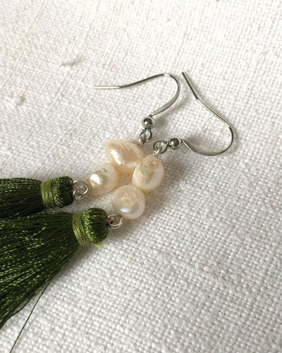 White Freshwater Pearl and Olive Green Tassel Earrings | Handmade in Myanmar - YGN Collective