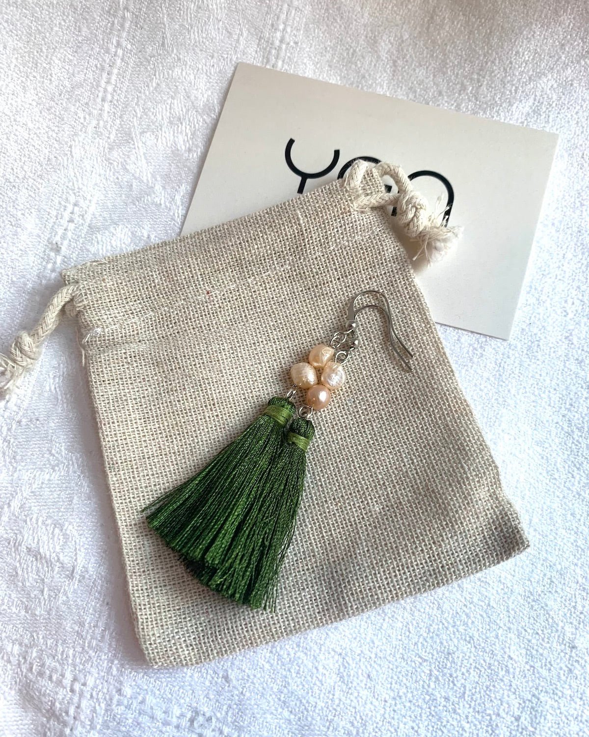 White Freshwater Pearl and Olive Green Tassel Earrings Handmade in Myanmar