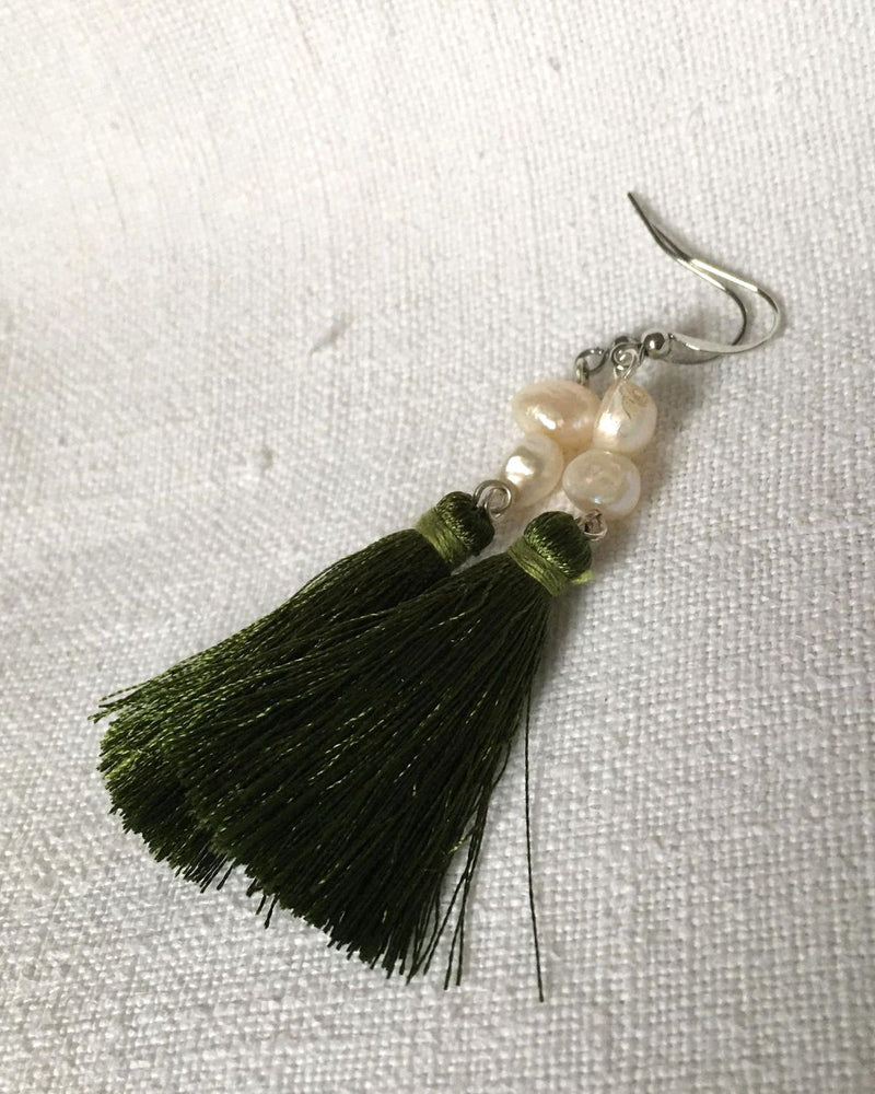 White Freshwater Pearl and Olive Green Tassel Earrings | Handmade in Myanmar - YGN Collective