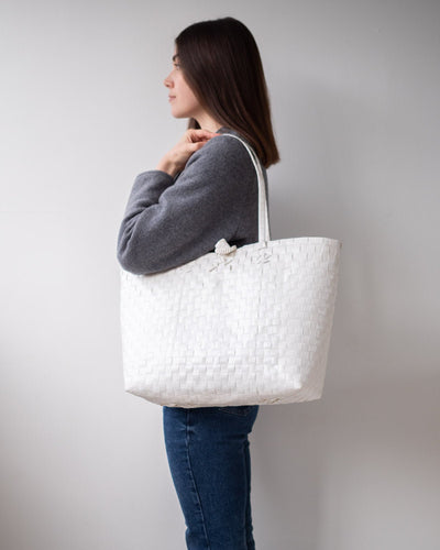 White Woven Tote Shopper Bag | Handwoven and Upcycled - YGN Collective