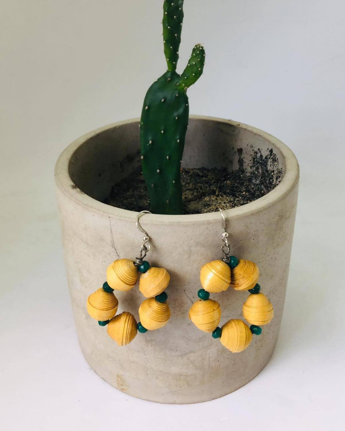 Yellow Paper Bead and Green Faceted Bead Earrings | Handmade in Yangon, Myanmar - YGN Collective